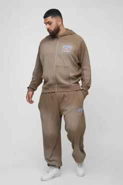 Cheap boohooMAN Plus Spray Wash Waffle Graphic Hooded Tracksuit brown