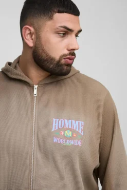 Cheap boohooMAN Plus Spray Wash Waffle Graphic Hooded Tracksuit brown