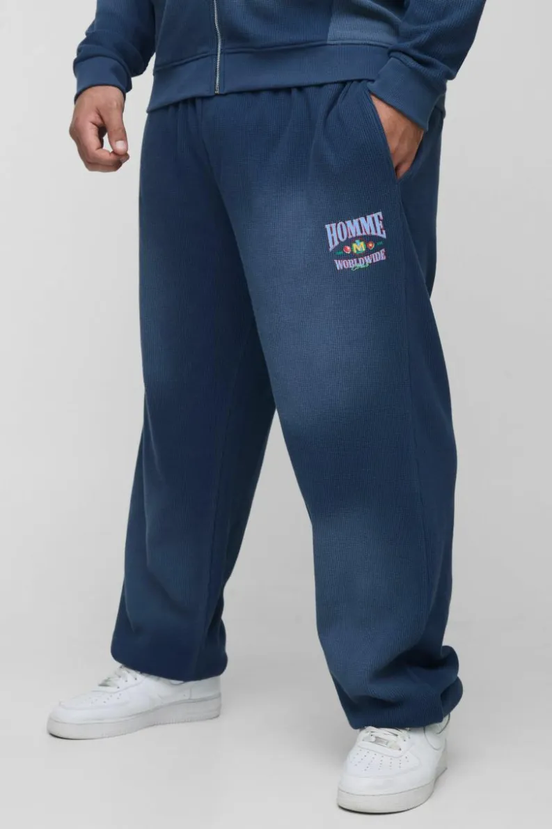Fashion boohooMAN Plus Spray Wash Waffle Graphic Oversized Jogger navy