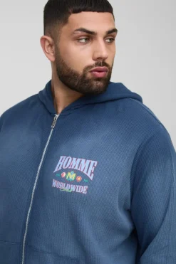 Best Sale boohooMAN Plus Spray Wash Waffle Graphic Zip Up Hoodie navy