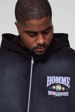 Hot boohooMAN Plus Spray Wash Waffle Graphic Zip Up Hoodie washed black