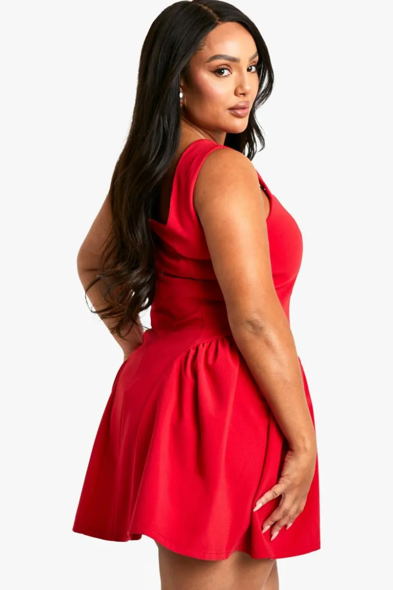 Discount boohoo Plus Square Neck Skater Dress red