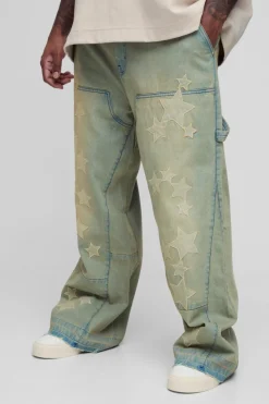 Cheap boohooMAN Plus Star Applique Gusset Detail Carpenter Jeans khaki