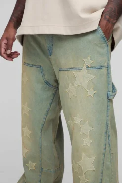 Cheap boohooMAN Plus Star Applique Gusset Detail Carpenter Jeans khaki