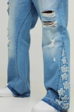 Flash Sale boohooMAN Plus Star Applique Gusset Distressed Flared Jeans antique blue