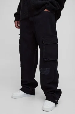 Fashion boohooMAN Plus Straight Fit Rip & Repair Popper Hem Cargo Jeans black