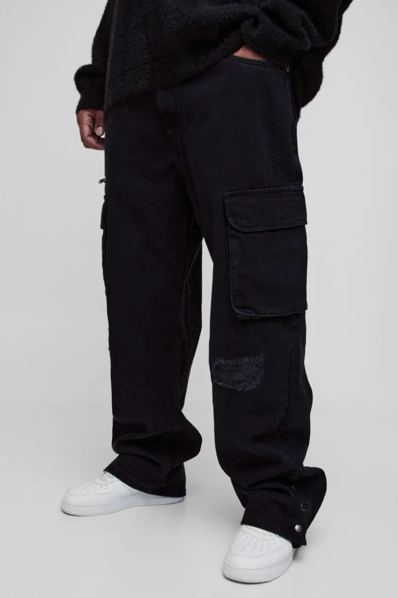 Fashion boohooMAN Plus Straight Fit Rip & Repair Popper Hem Cargo Jeans black