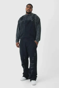 Best Sale boohooMAN Plus Straight Leg Distressed Dungaree washed black