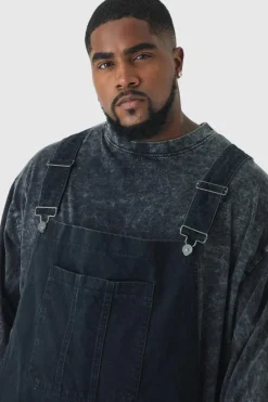 Best Sale boohooMAN Plus Straight Leg Distressed Dungaree washed black