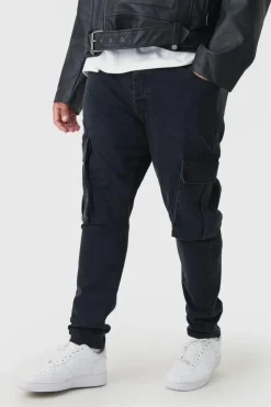 Sale boohooMAN Plus Stretch Skinny Fit Cargo Jeans washed black