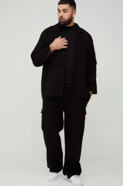 Hot boohooMAN Plus Stretch Utility Pocket Shirt and Cargo Trouser Set in black