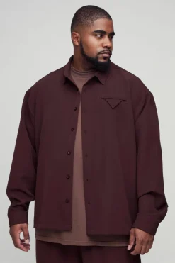 Online boohooMAN Plus Stretch Woven Pocket Detail Oversized Shirt chocolate