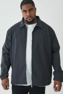 Store boohooMAN Plus Stretch Zip Through Shirt in Marl black