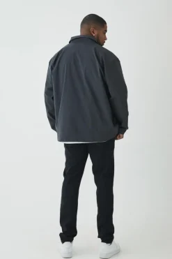 Store boohooMAN Plus Stretch Zip Through Shirt in Marl black