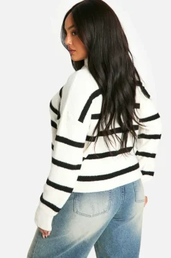 Store boohoo Plus Stripe Drawstring Zip Funnel Neck Jumper mono