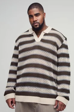 Store boohooMAN Plus Stripe Knitted Rugby Polo stone
