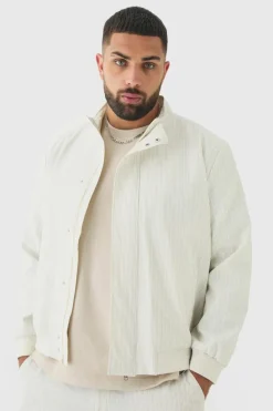 Outlet boohooMAN Plus Stripe Seersucker Funnel Neck Smart Jacket ecru