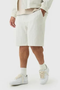 Sale boohooMAN Plus Stripe Seersucker Regular Fit Shorts ecru
