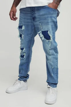 Outlet boohooMAN Plus Super Distressed Dirty Wash Skinny Jeans mid wash