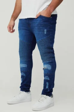 Hot boohooMAN Plus Super Skinny Busted Knee Biker Jeans mid blue