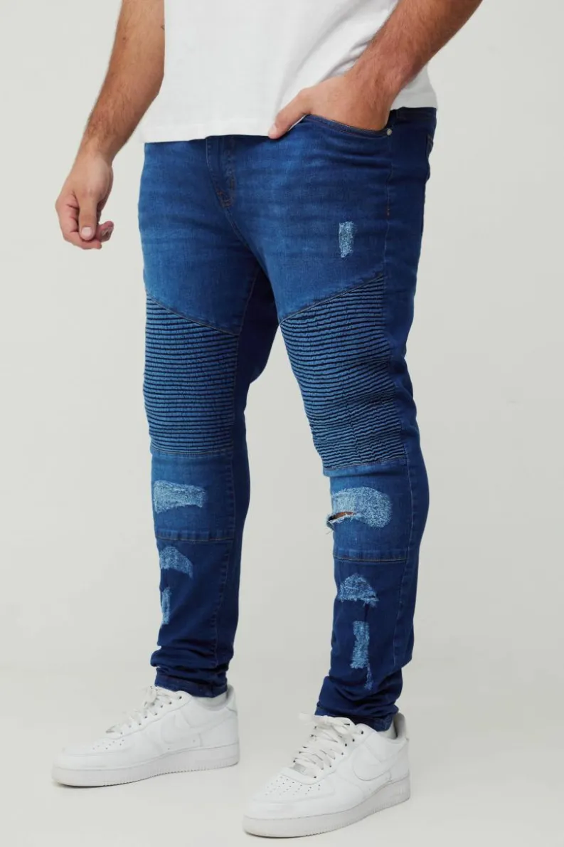 Hot boohooMAN Plus Super Skinny Busted Knee Biker Jeans mid blue