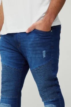 Hot boohooMAN Plus Super Skinny Busted Knee Biker Jeans mid blue