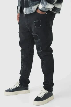 Best boohooMAN Plus Super Skinny Stretch Biker Rip & Repair Jeans in washed black