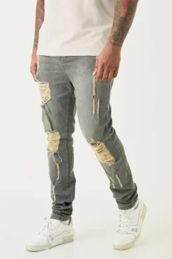 Cheap boohooMAN Plus Super Skinny Stretch Multi Rip Stacked Jeans grey