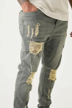 Cheap boohooMAN Plus Super Skinny Stretch Multi Rip Stacked Jeans grey
