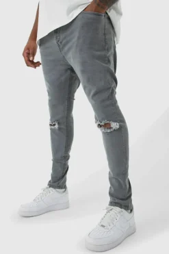 Sale boohooMAN Plus Super Skinny Stretch Ripped Knee Jeans mid grey