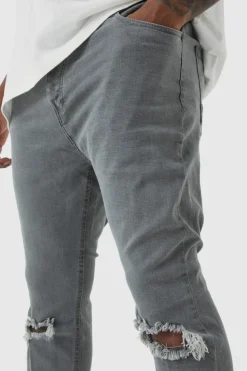 Sale boohooMAN Plus Super Skinny Stretch Ripped Knee Jeans mid grey