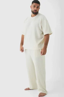 New boohooMAN Plus Supersoft Rib Oversized T-Shirt & Jogger Lounge Set in ecru