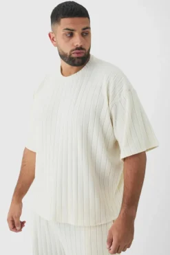 New boohooMAN Plus Supersoft Rib Oversized T-Shirt & Jogger Lounge Set in ecru