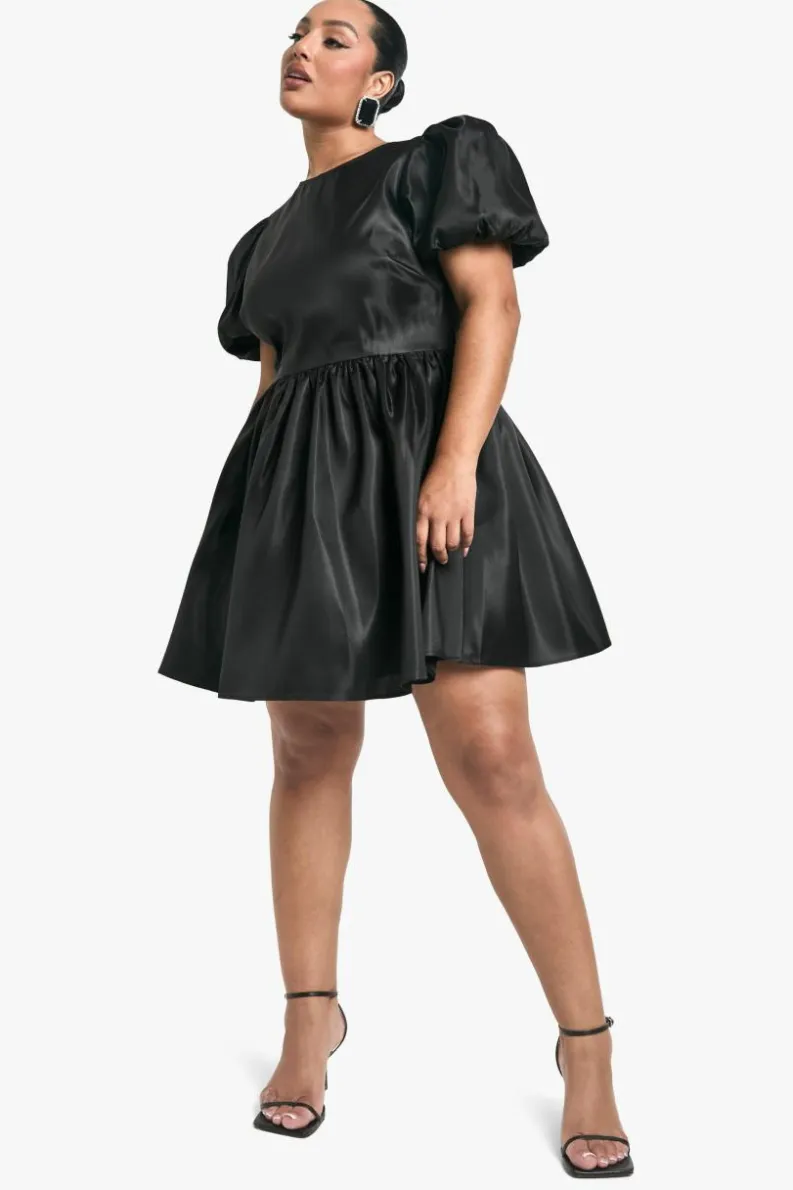 New boohoo Plus Taffeta Bow Back Puff Sleeve Skater Dress black