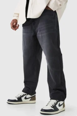 Shop boohooMAN Plus Tapered Rigid Jeans washed black
