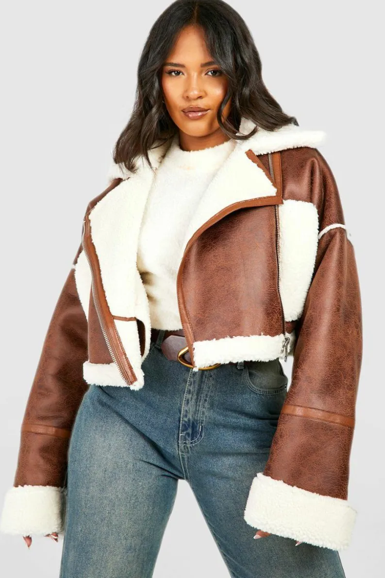 Cheap boohoo Plus Teddy Trim Cropped Aviator Jacket brown