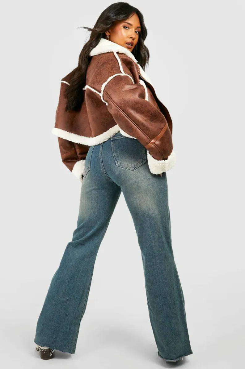 Cheap boohoo Plus Teddy Trim Cropped Aviator Jacket brown