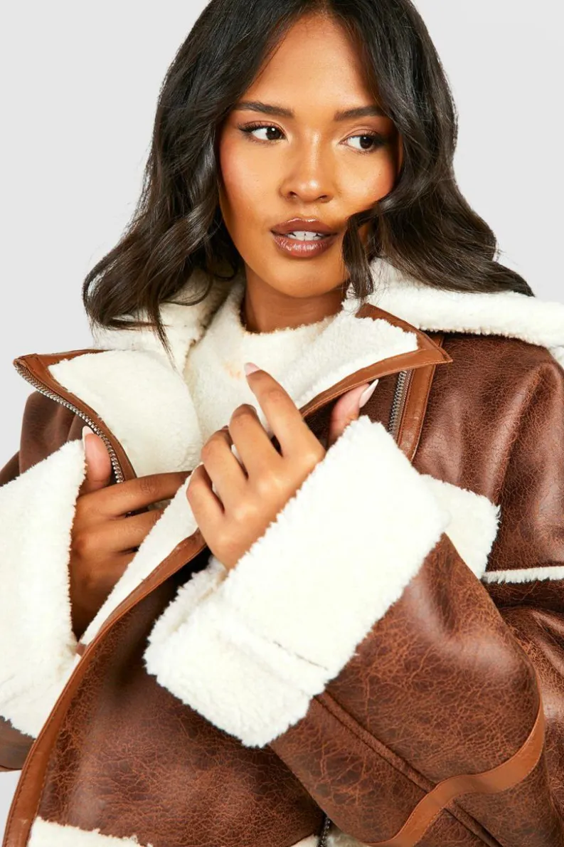 Cheap boohoo Plus Teddy Trim Cropped Aviator Jacket brown
