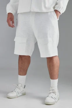Best Sale boohooMAN Plus Textured Cotton Jacquard Smart Cargo Shorts white