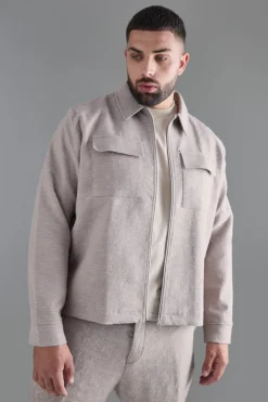 Clearance boohooMAN Plus Textured Jacquard Smart Harrington Jacket taupe