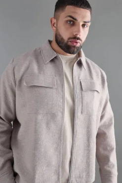 Clearance boohooMAN Plus Textured Jacquard Smart Harrington Jacket taupe