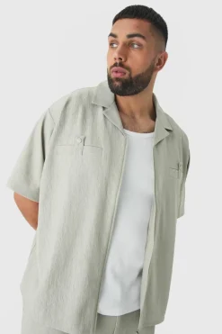 Flash Sale boohooMAN Plus Textured Pleated Zip Up Shirt grey