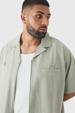 Flash Sale boohooMAN Plus Textured Pleated Zip Up Shirt grey