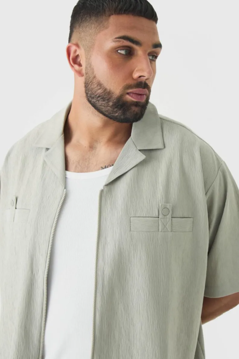 Flash Sale boohooMAN Plus Textured Pleated Zip Up Shirt grey