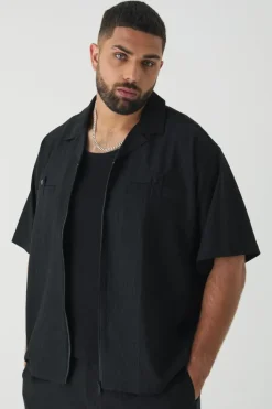 Fashion boohooMAN Plus Textured Pleated Zip Up Shirt black