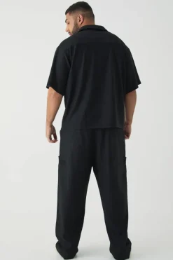 Fashion boohooMAN Plus Textured Pleated Zip Up Shirt black