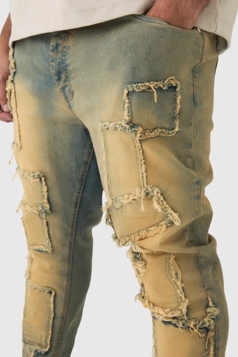 Best Sale boohooMAN Plus Tinted Frayed Skinny Jeans mid wash