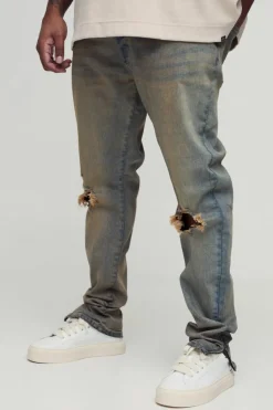 Fashion boohooMAN Plus Tinted Rip Knee Stacked Skinny Zip Hem Jeans antique wash