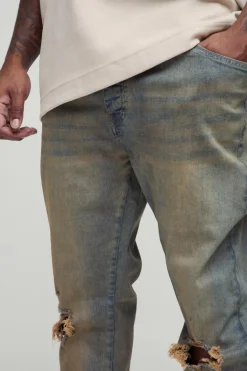 Fashion boohooMAN Plus Tinted Rip Knee Stacked Skinny Zip Hem Jeans antique wash