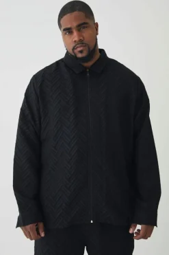 Discount boohooMAN Plus Tonal Geo Smart Zip Overshirt black